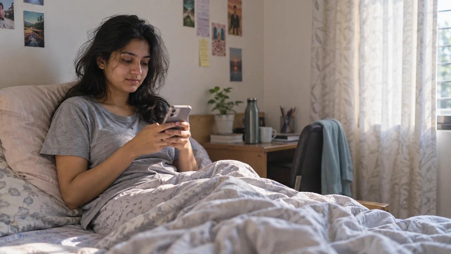 Student checking a morning meal notification after waking in the hostel