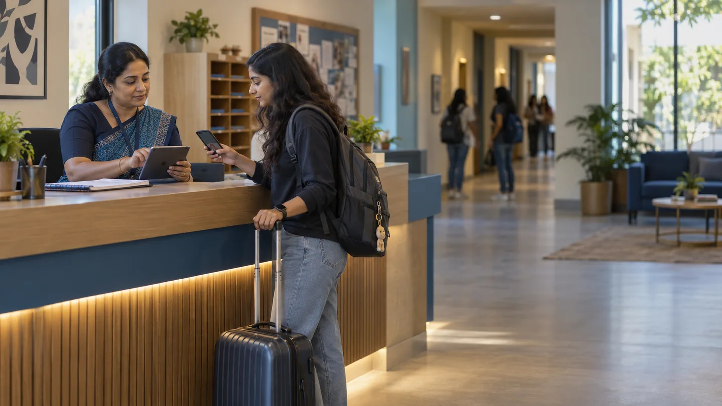 Hostel reception staff receiving a new student