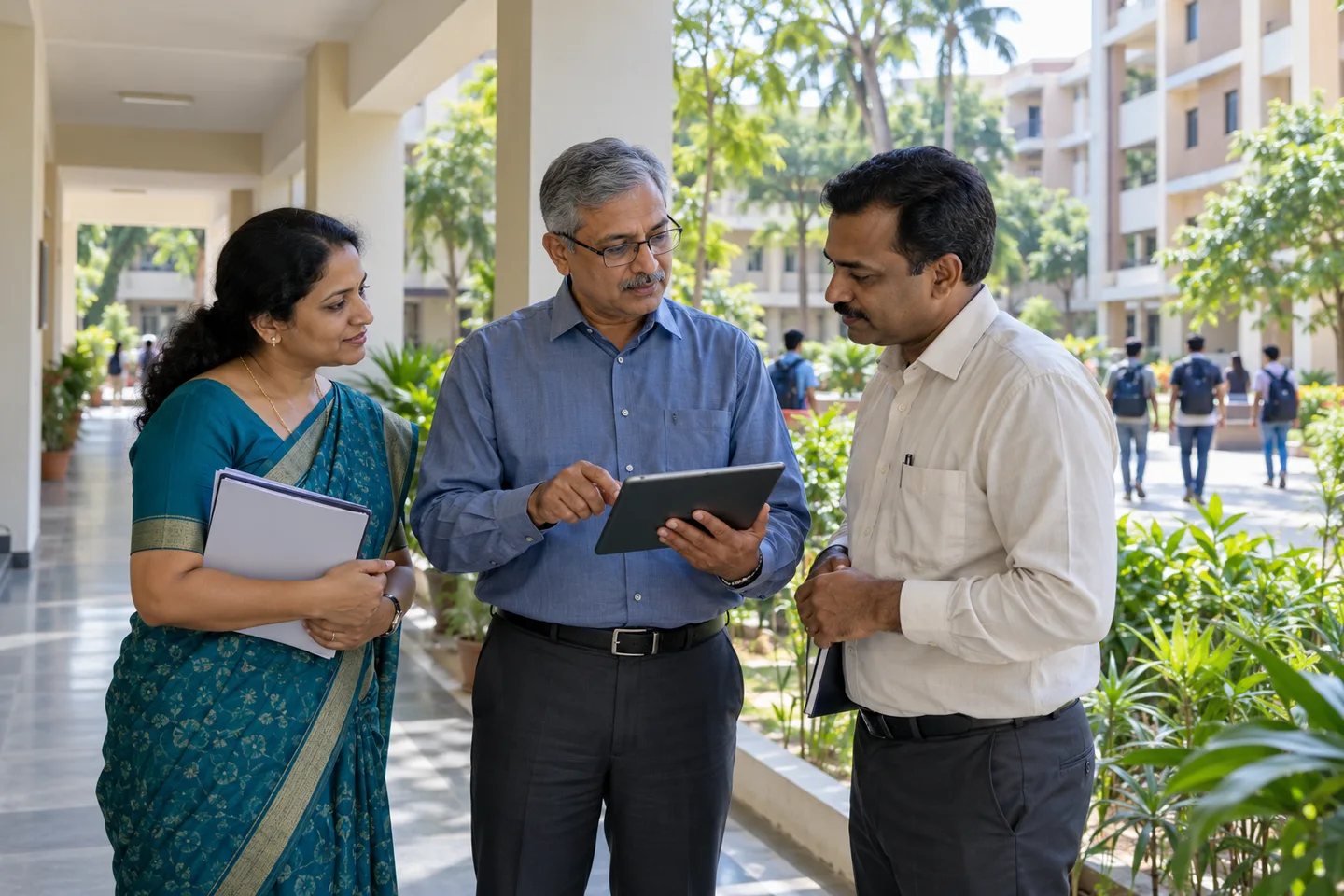 Chief warden coordinating with two wardens outside university hostels