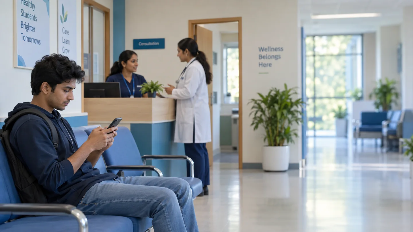 Student arranging a doctor appointment from the campus clinic waiting area