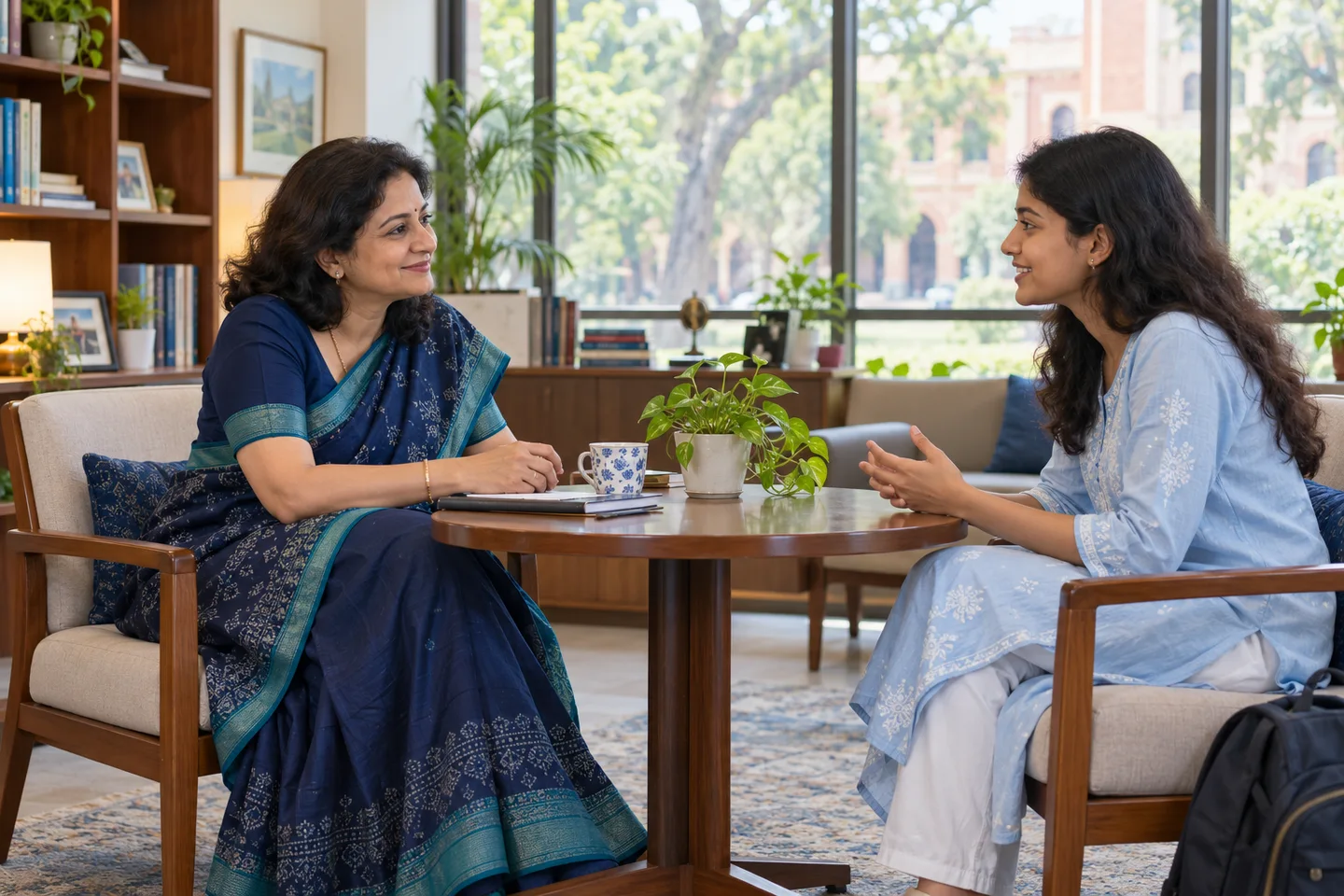 Dean of Student Welfare listening to a student in a welcoming university office
