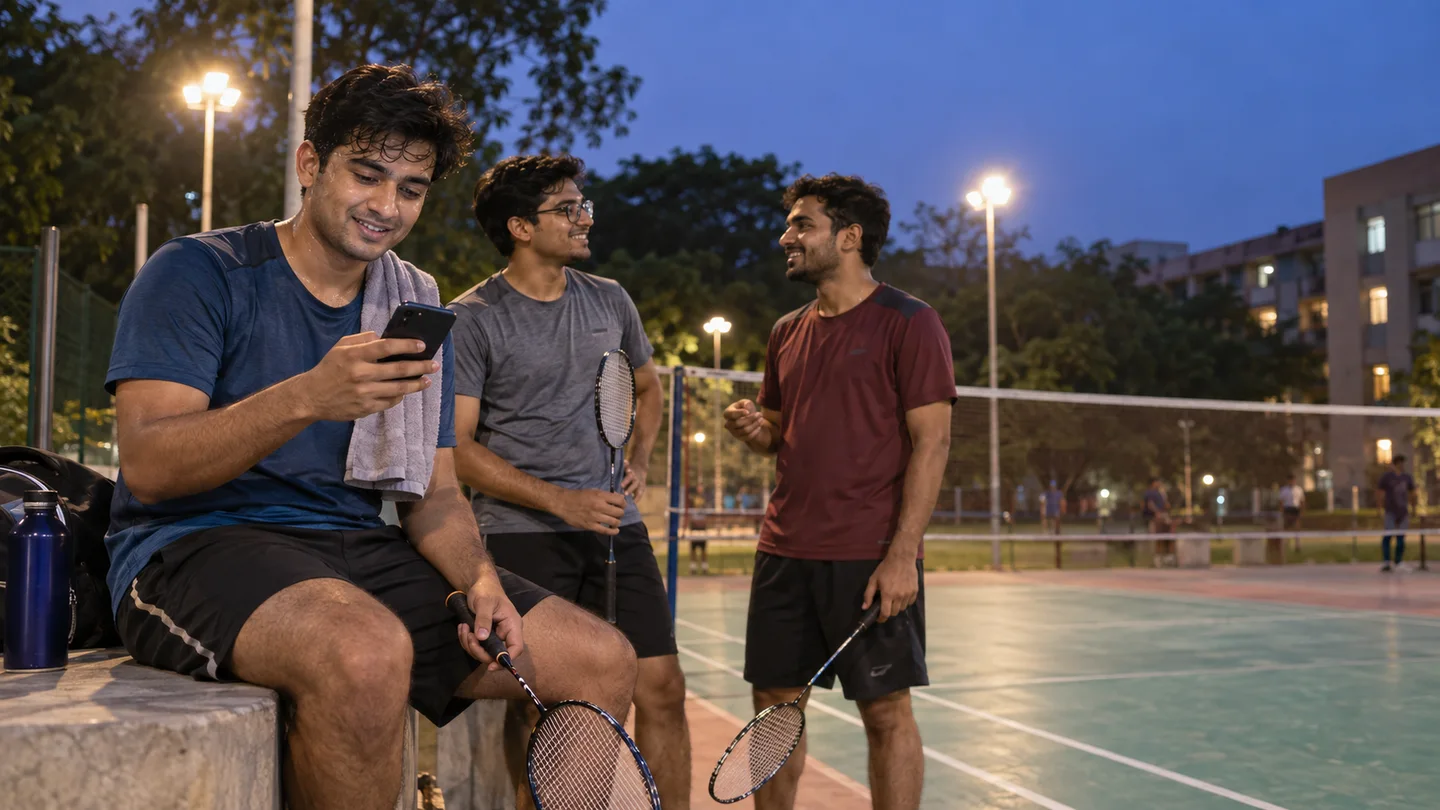 Student checking a dinner notification during evening sports with friends