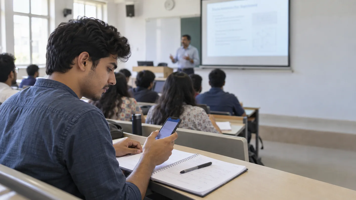 Student checking the lunch menu notification while in a university classroom