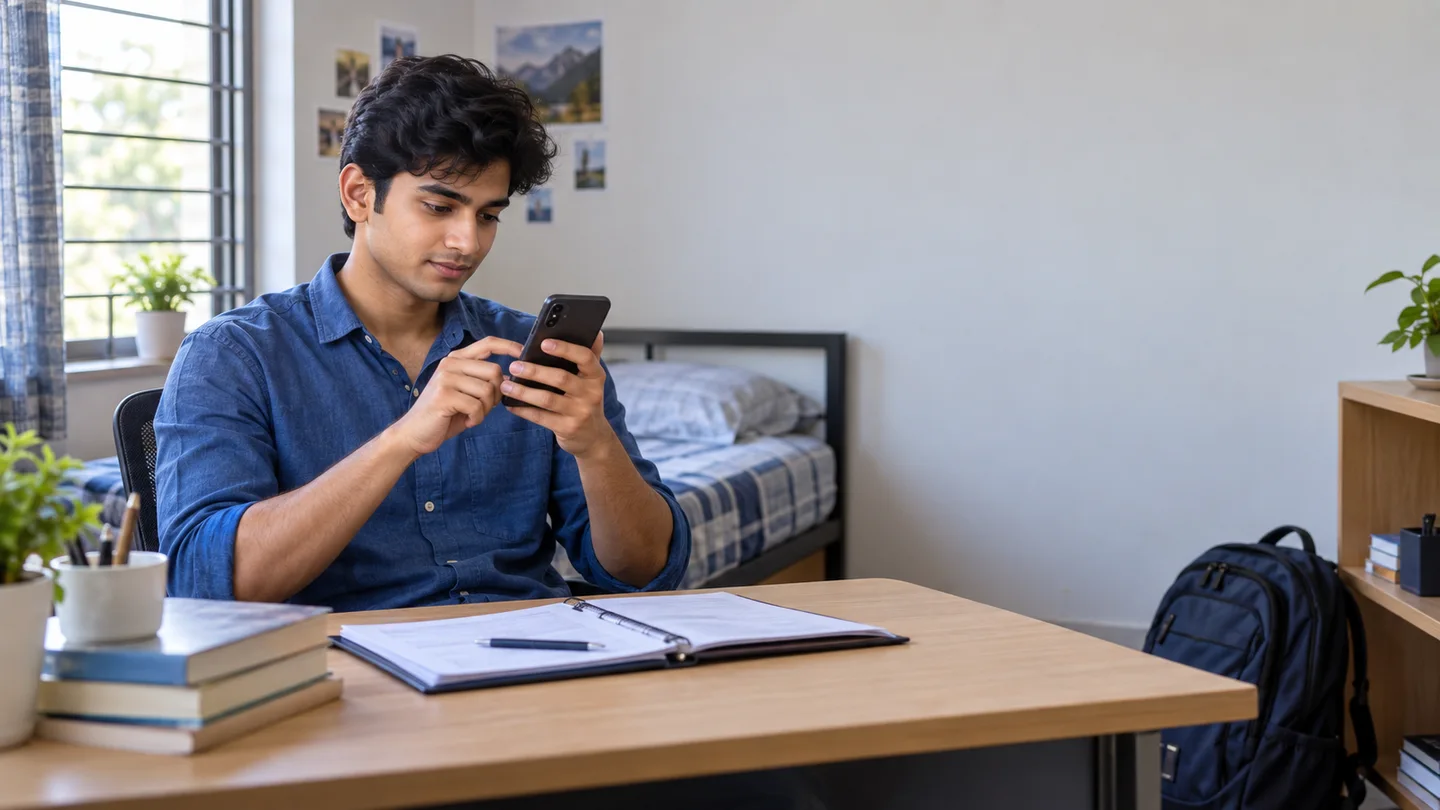 Student using a phone to plan hostel arrangements