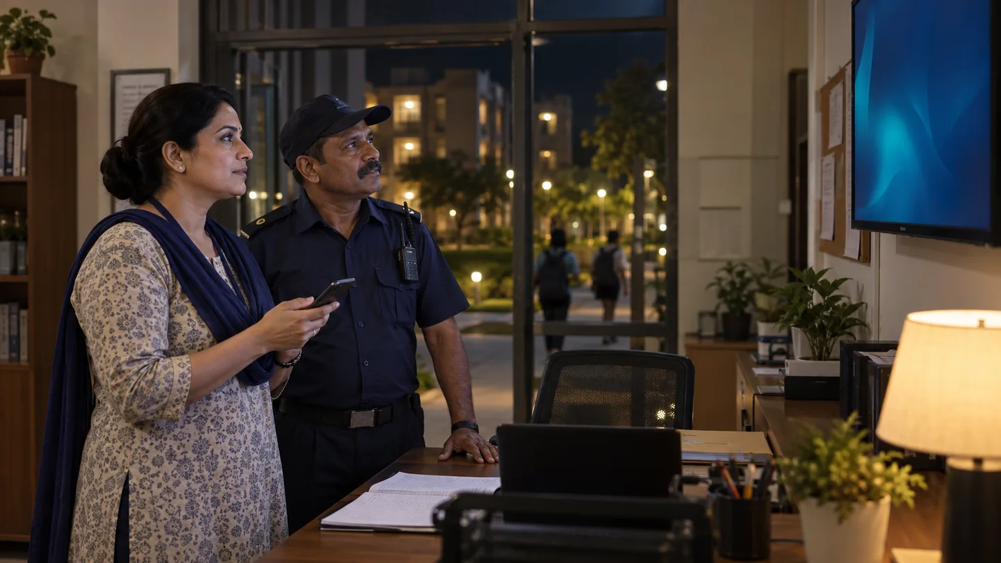 Warden and security officer reviewing student movement at night