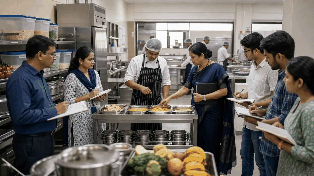 University hostel mess team reviewing menu, hygiene, food safety and student feedback controls.