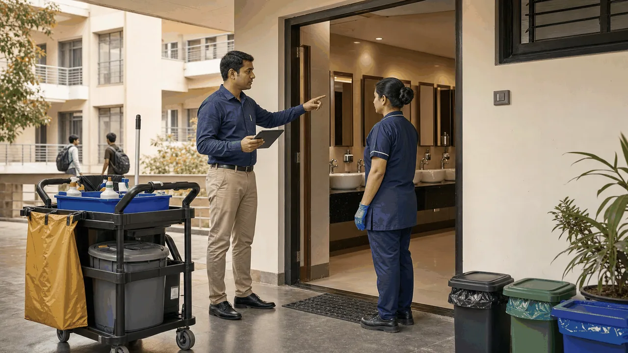 Hostel housekeeping supervisor auditing sanitation, cleaning and pest-control work in a common area.