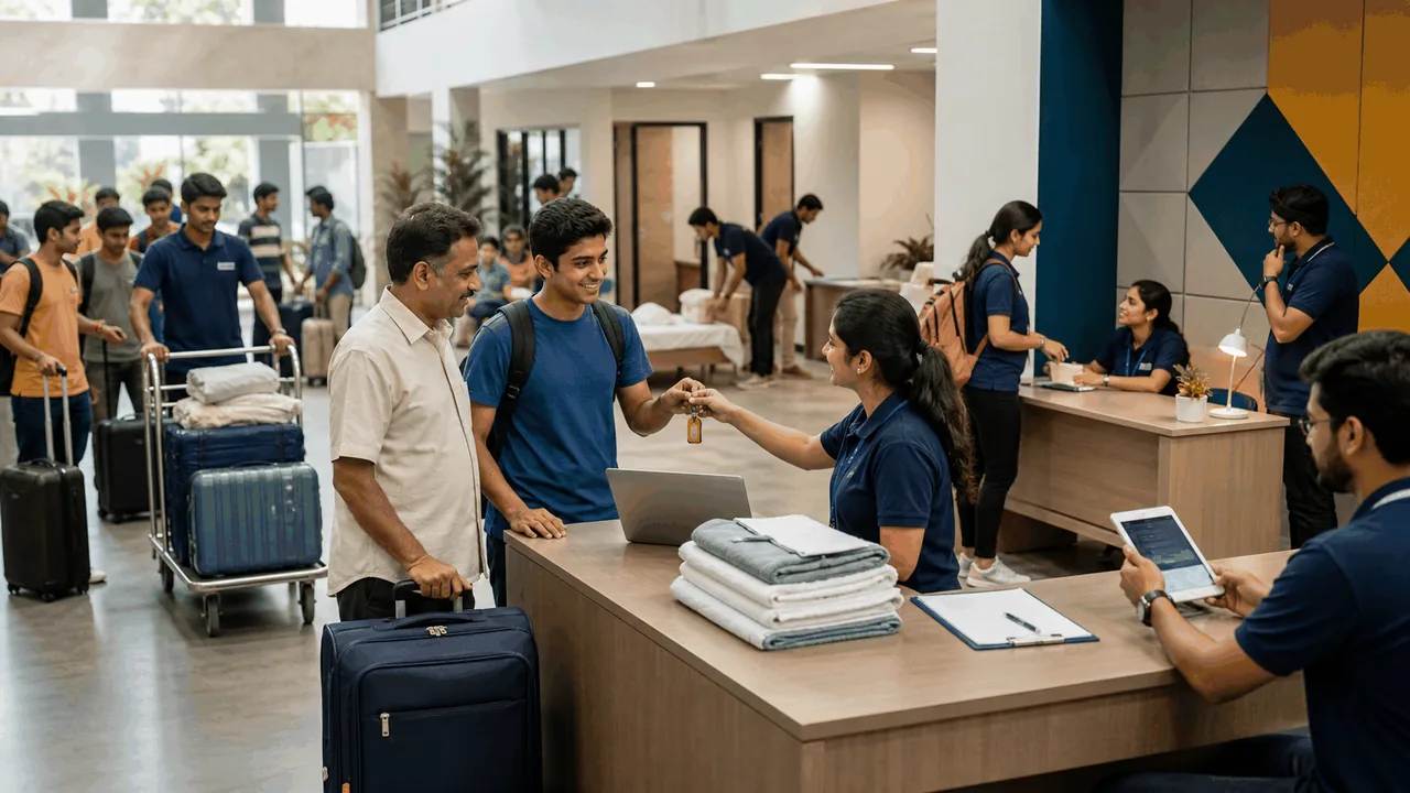 Student completing a structured hostel check-in and room handover at an Indian university.