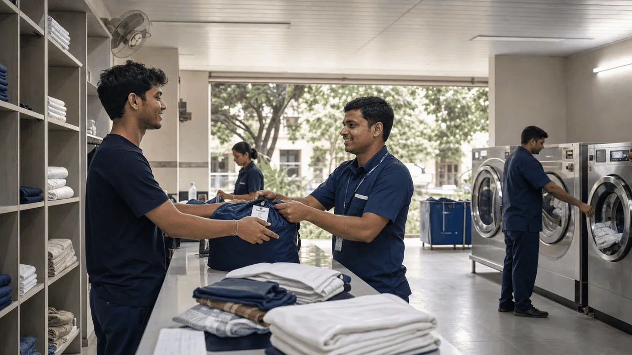 University hostel laundry team managing tagged collection, washing, quality checks and resident return.