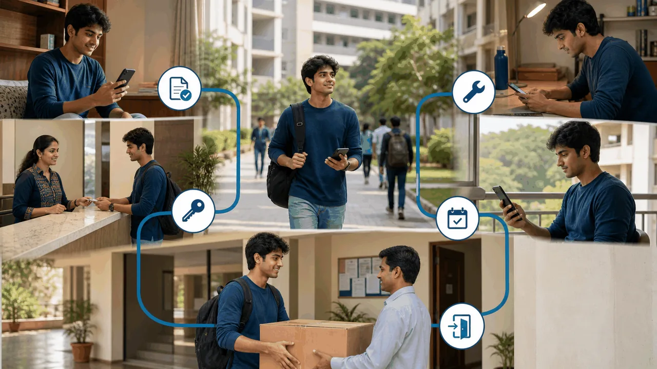 Indian university student using a connected digital hostel service journey on a mobile phone.