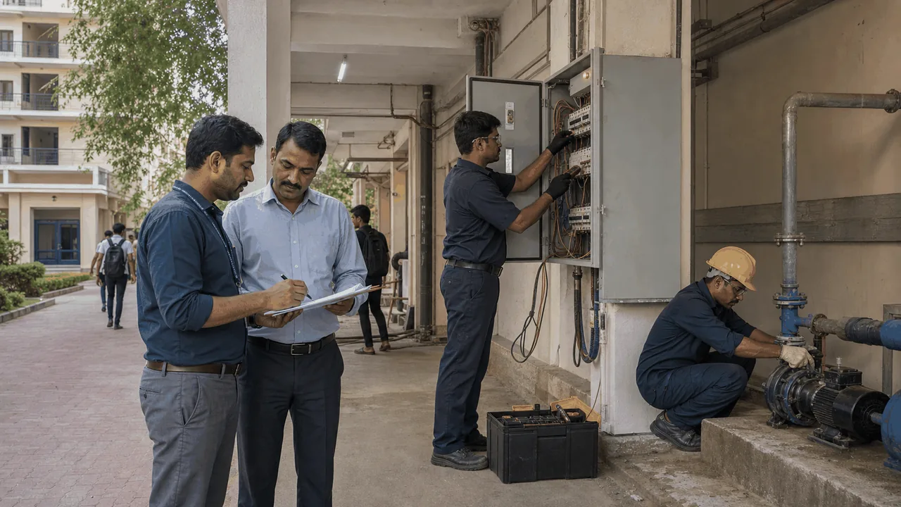 Hostel facilities team prioritising emergency, reactive and preventive maintenance work orders.