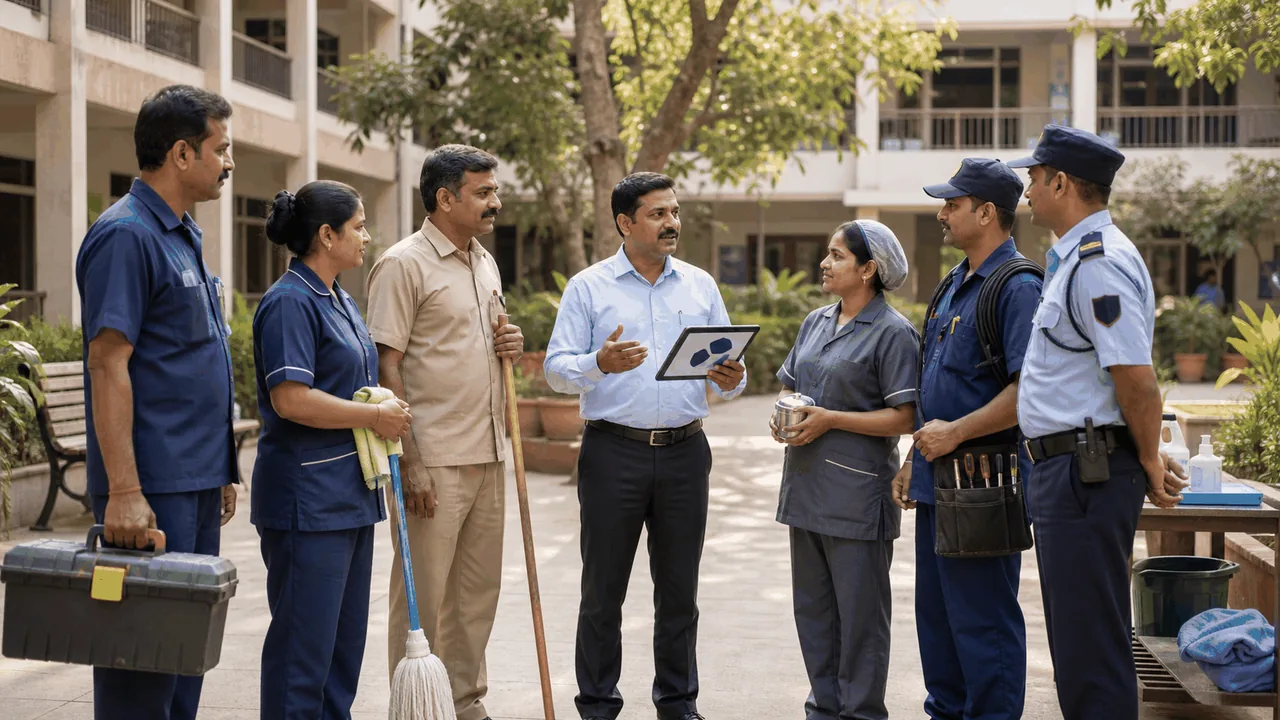 Indian university hostel manager briefing caretakers, security and service teams before a shift.