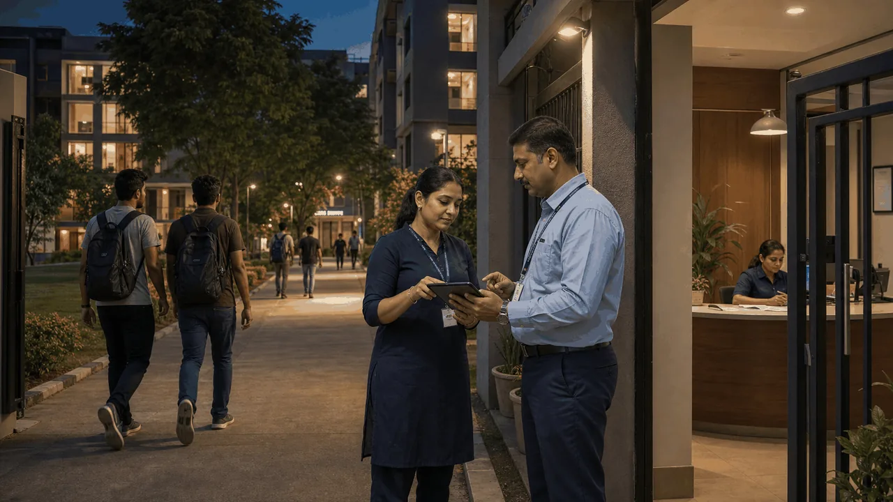 Hostel security team coordinating gate control, patrol routes and night escalation.