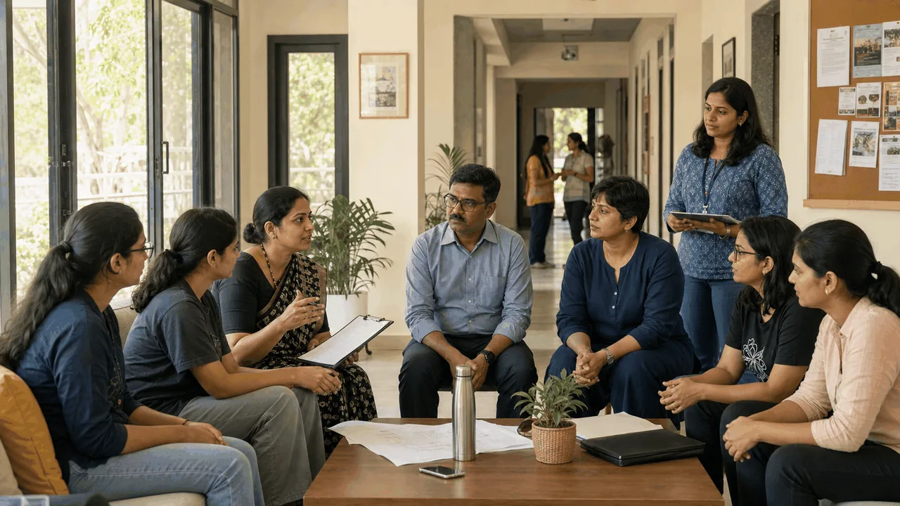 Women residents and university staff reviewing safe, fair and non-discriminatory hostel arrangements.