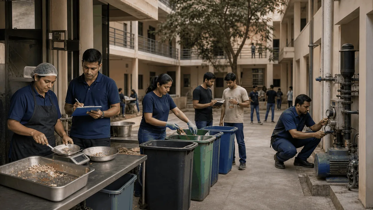 University hostel team reviewing food waste, water, energy and material-use performance.