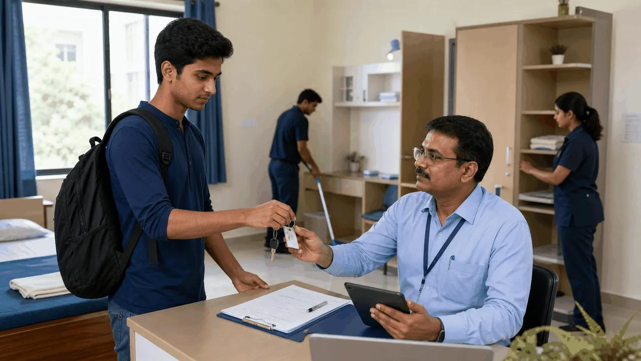 Student and hostel administrator completing room inspection and security-deposit checkout in India.