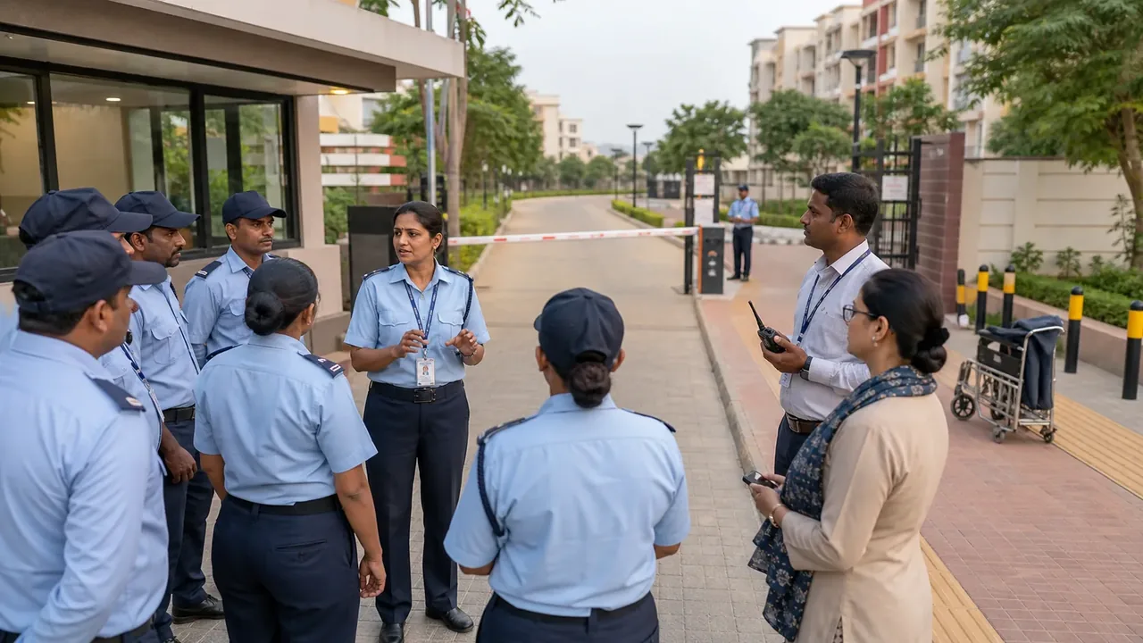 Campus security supervisor briefing guards at a university hostel entrance before the new session.