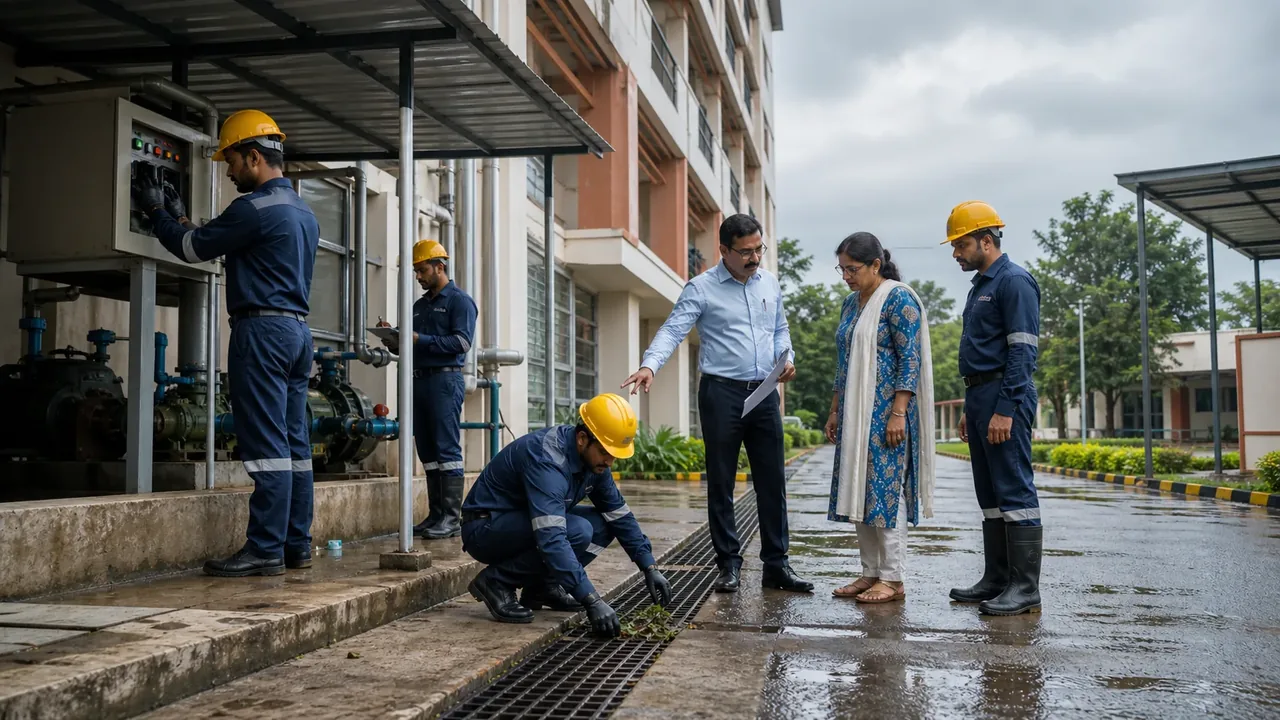 University facilities team inspecting drainage and backup systems before monsoon rain.
