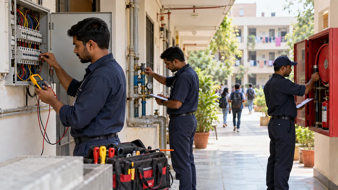Facility team planning a preventive-maintenance calendar for campus utilities