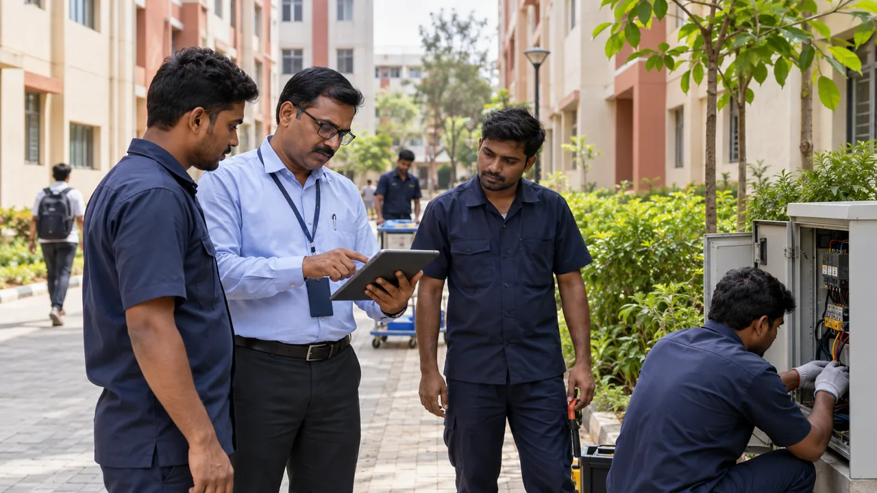 Campus facility manager reviewing equipment condition with technicians