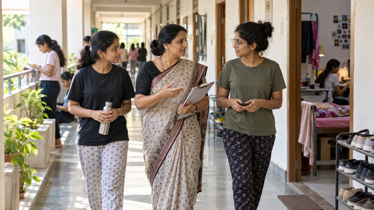 University hostel warden speaking with residents during a routine round