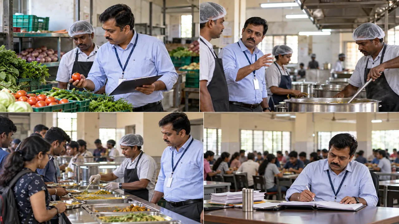 University mess manager inspecting a clean food preparation area before service