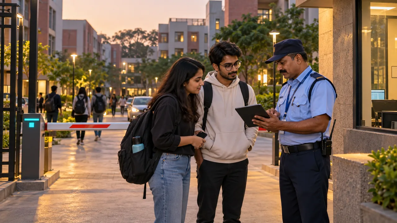University security guard assisting a student at a campus gate