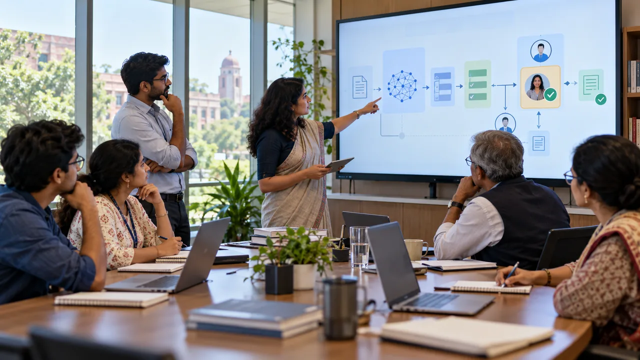University technology and student-services leaders assessing an AI-enabled campus workflow.