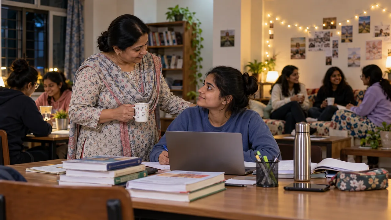 A hostel warden checking in with a student during the university examination period.