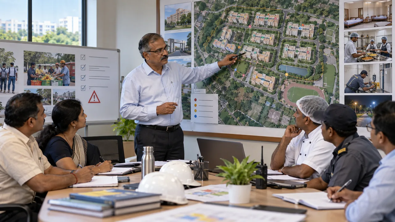 A university hostel director reviewing operations with wardens and service leaders.