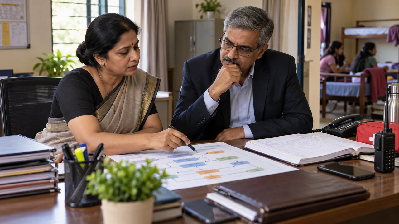 A university hostel warden reviewing an emergency responsibility and escalation chart.