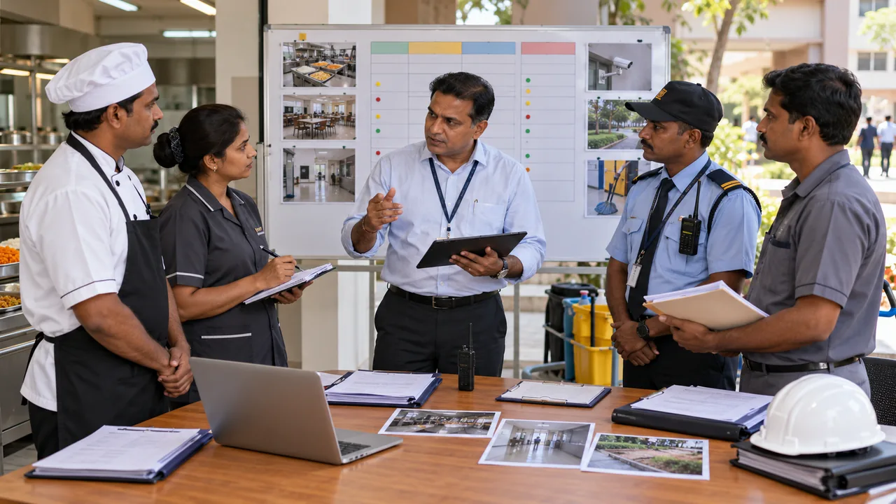 University contract owners reviewing mess, security and facility vendor accountability.