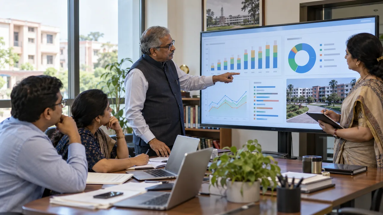 University registrar and student-welfare leaders reviewing a concise hostel dashboard.
