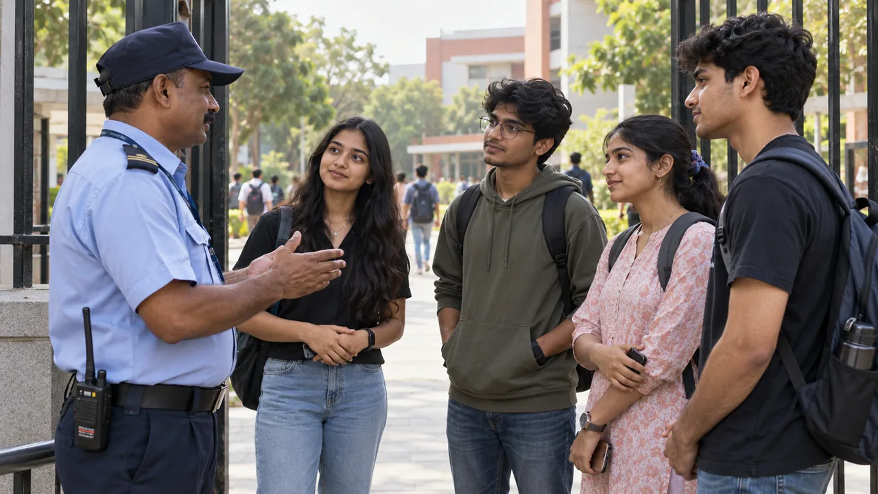 Campus security officer explaining an access process respectfully to students