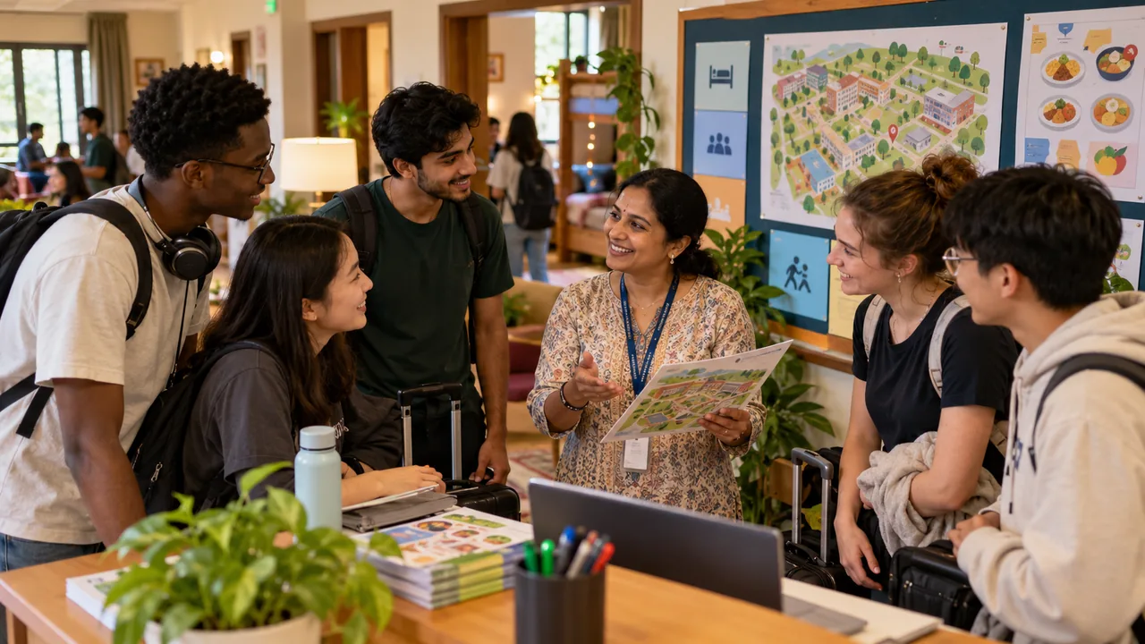 International and Indian university students meeting a hostel support team during residential induction.